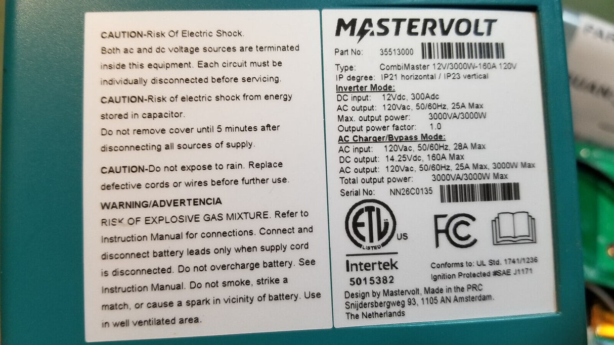 Mastervolt CombiMaster 12v 3000w 160a 120v 35513000 FOR PARTS