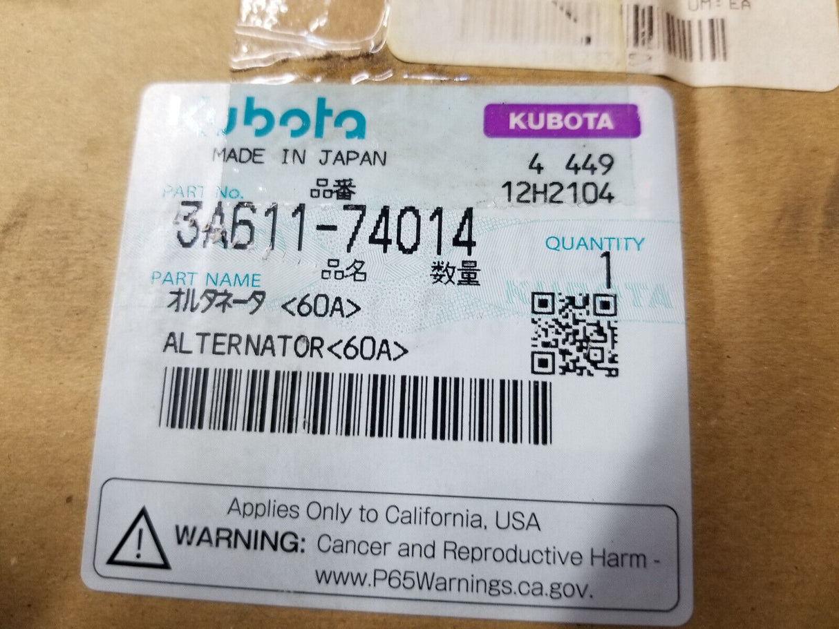 KUBOTA ALTERNATOR 60A 2P Connector / 3A611-74014