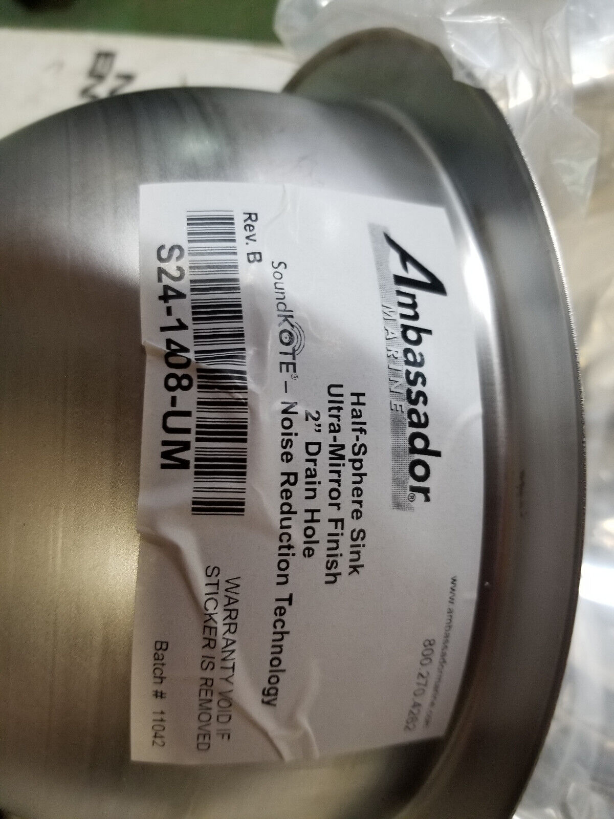 Ambassador Marine S24-1408-UM-R Mirror Polished Half Sphere Stainless Steel Sink