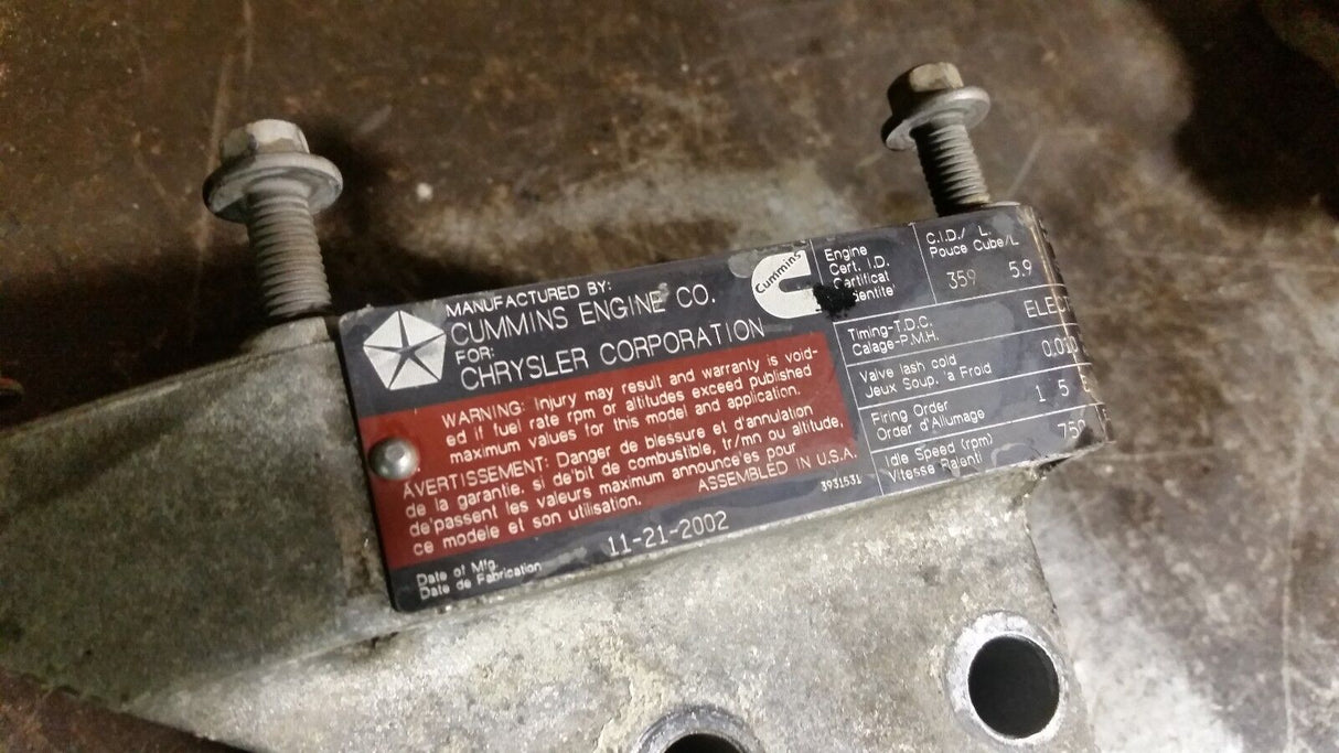 Dodge Ram Cummins 5.9L Engine Bracket 3949413 with showb bolts