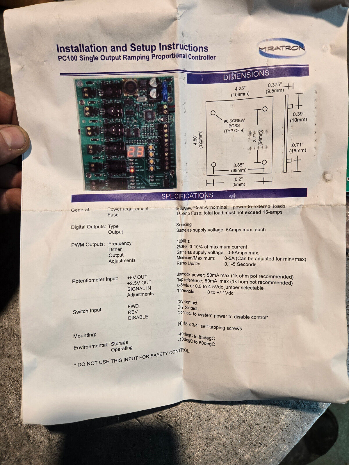 PC100 SINGLE OUTPUT RAMPING PROPORTIONAL CONTROLLER MIRATRON 3285EL100