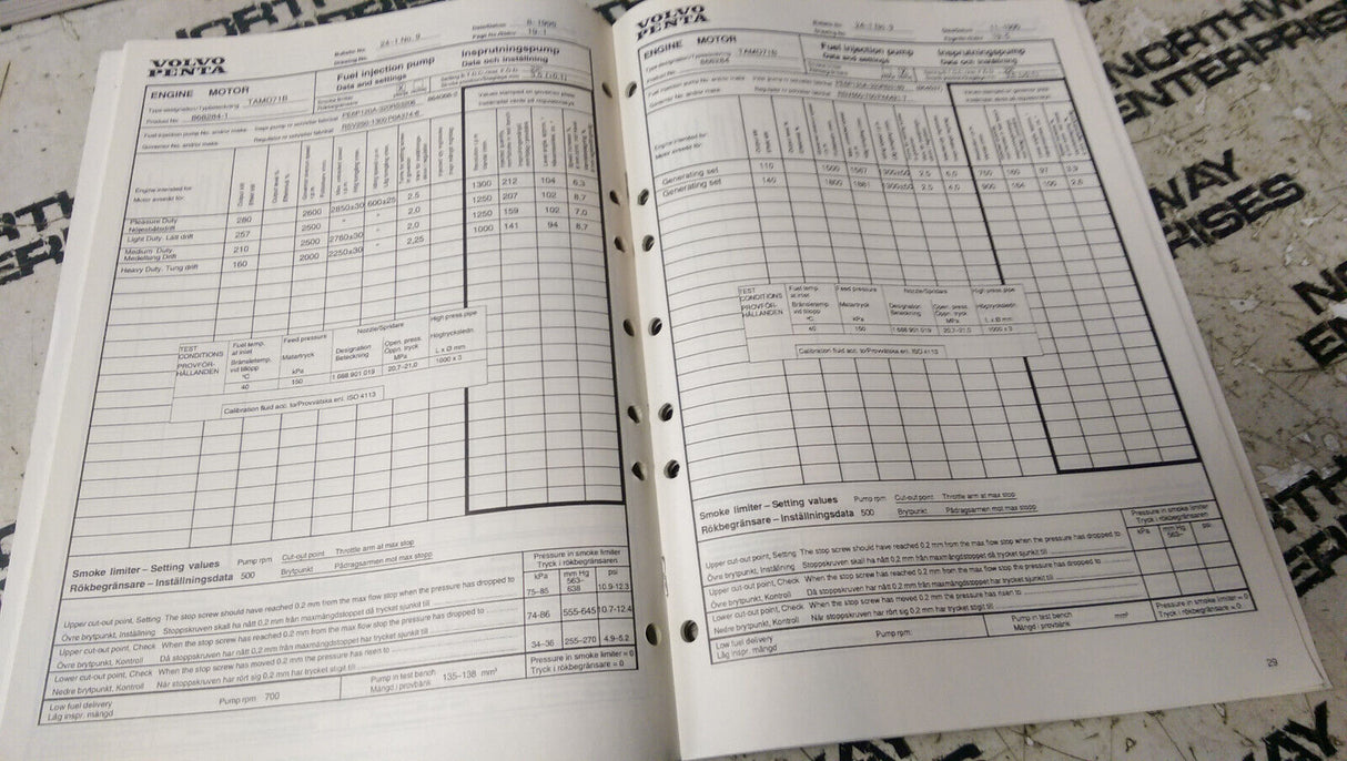7738502-9 VOLVO PENTA INJECTION PUMP DATA EX-PRODUCTION MARINE ENGINES
