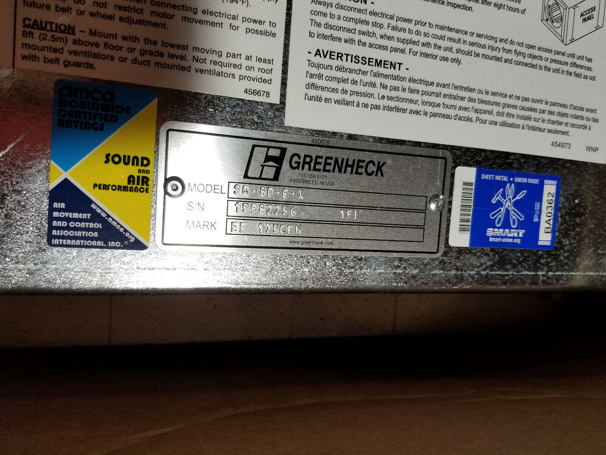 GREENHECK Centrifugal Inline Fan, EF 175CFM SQ-80-G-X