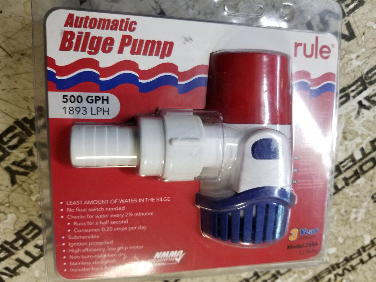 Rule 25SA Automatic Bilge Pump 500 GPH Marine 12V DC 3/4" Hose Submersible 25S