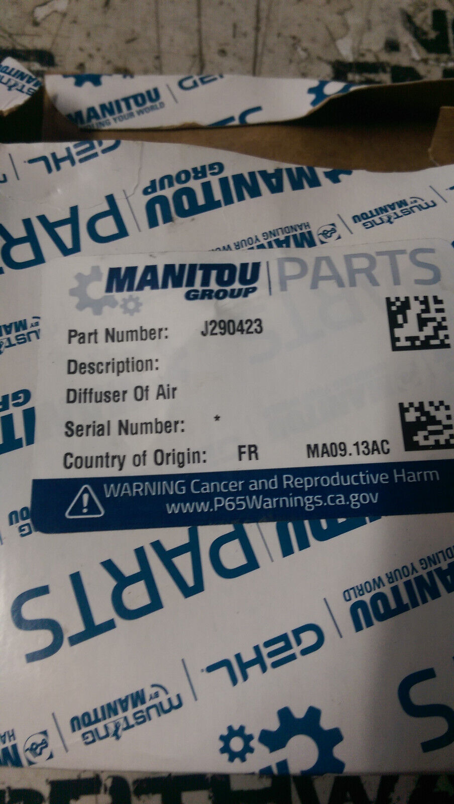 MANITOU Part # J290423 DIFFUSER OF AIR