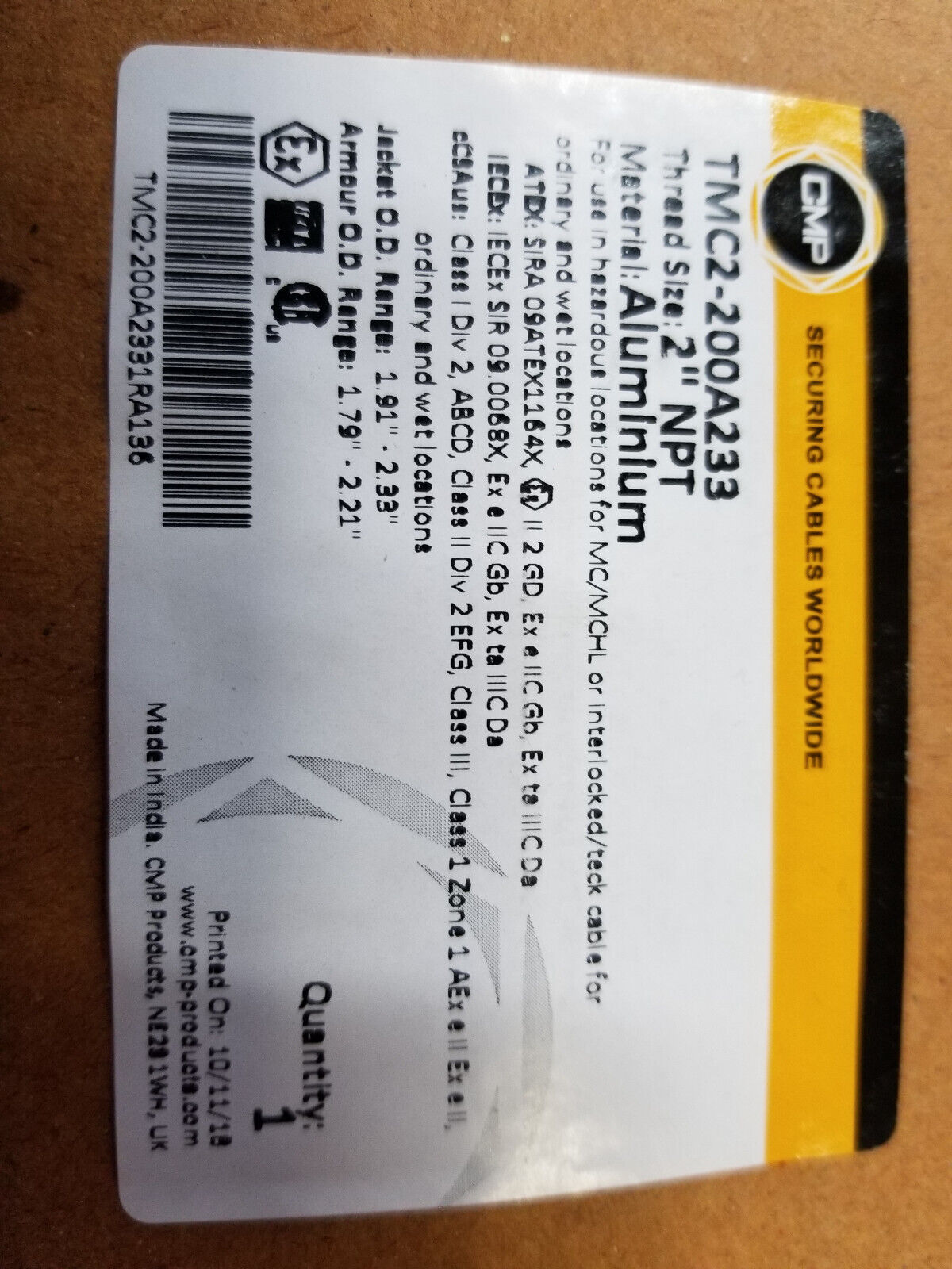 TMC2-200A233 ALUM TECK CONNECTOR 2"NPT CABLE RANGE 1.91" - 2.33"