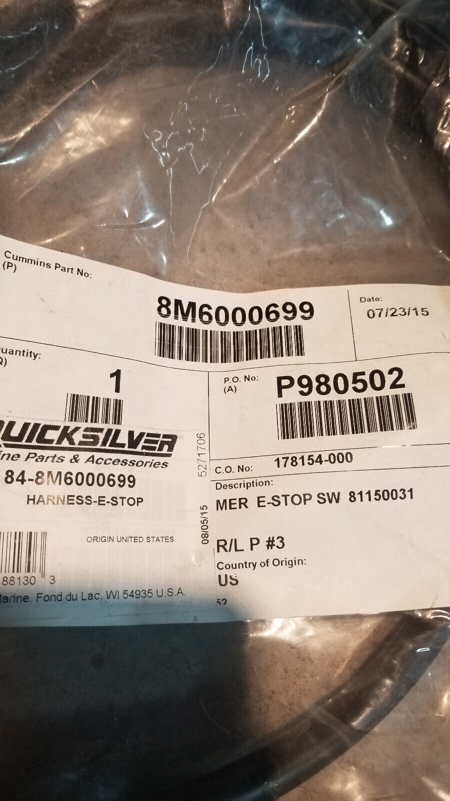 E-stop harness for a Mercury outboard or Mercruiser 84-8M6000699