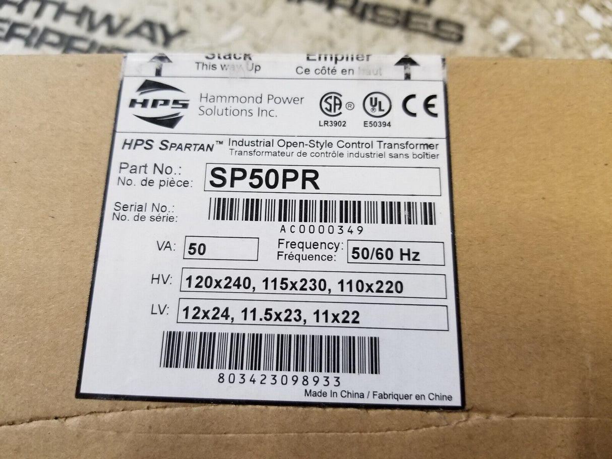 SP50PR Hammond control transformer, open core, 50 VA, 1-phase, 120/240 VAC