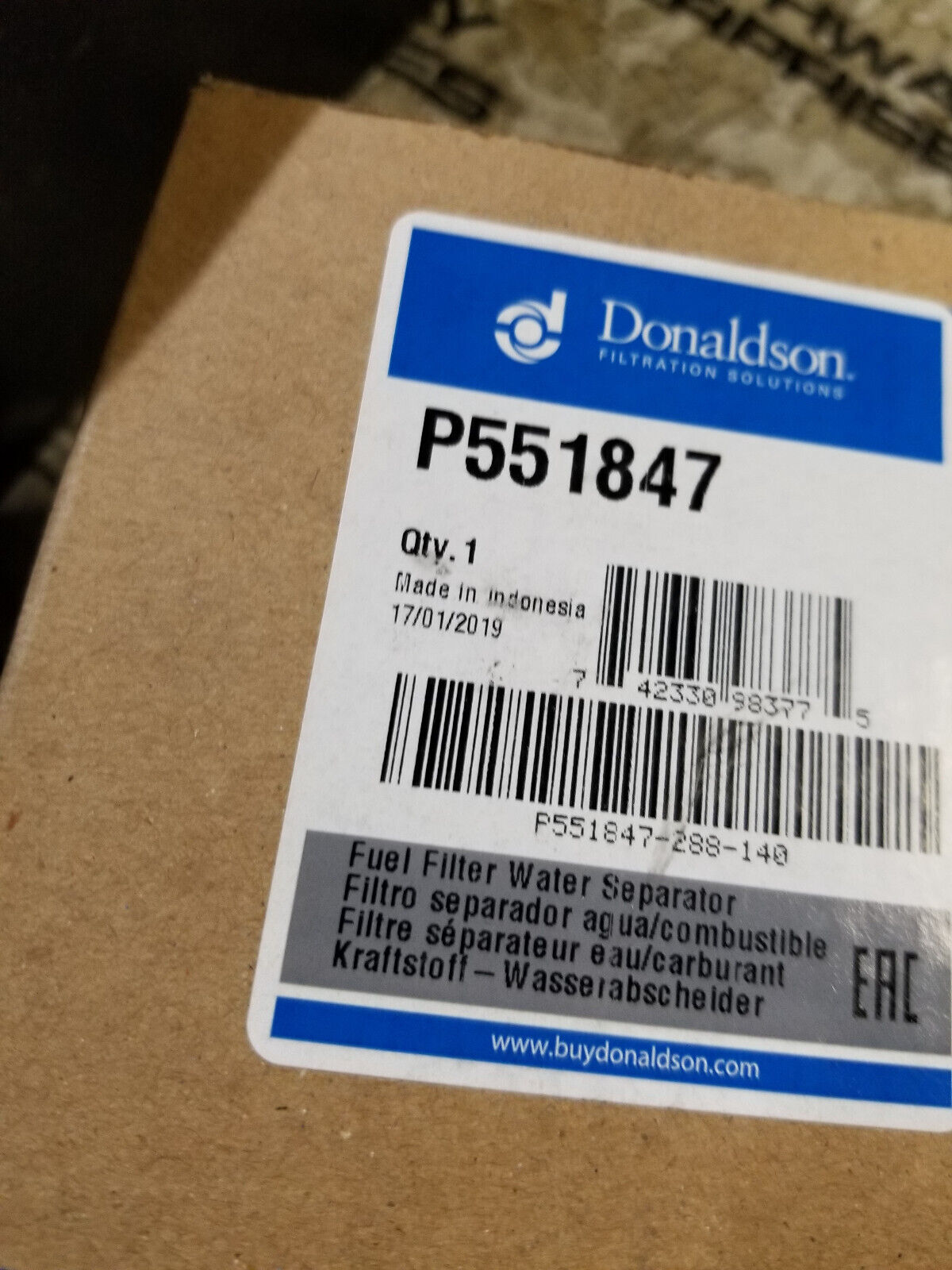 Donaldson Fuel Filter Water Separator Spin-on- P551847