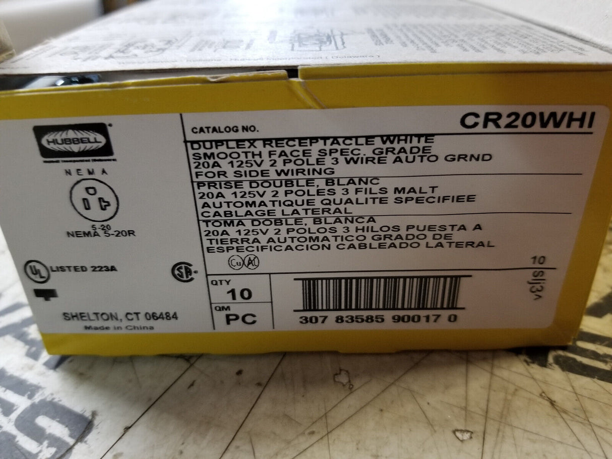 1 BOX OF 10PC - HUBBELL CR20WHI Receptacle,Duplex,20A,5-20R,125V,White