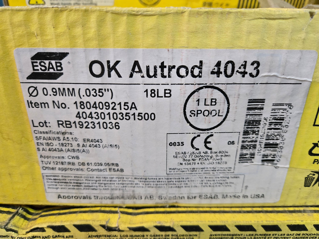 1 BOX CONTAINING 18 1LB ROLLS OK AUTROD 4043 .9MM .035" 180409215A 4043010351500