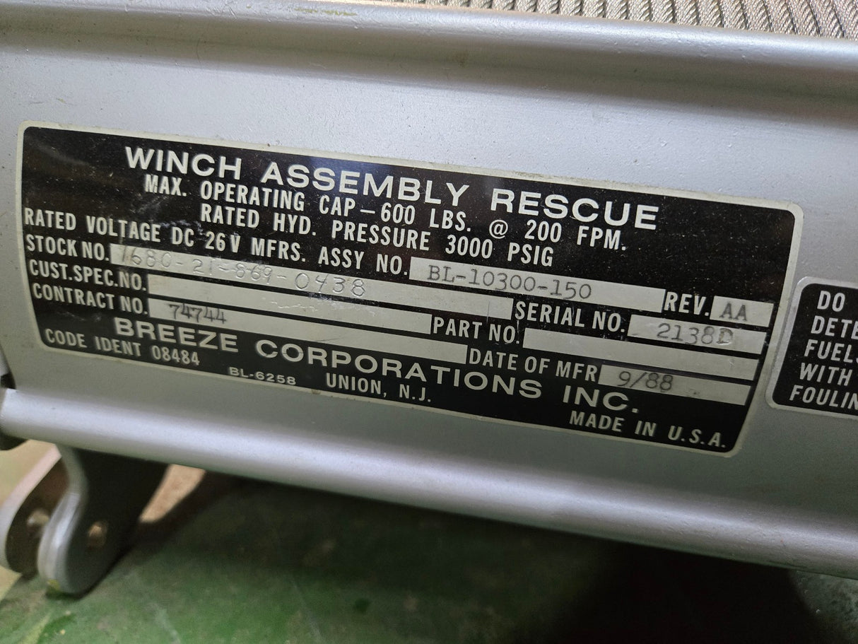 BREEZE CORPORATION RESCUE WINCH ASSEMBLY BL-10300-150 REF442