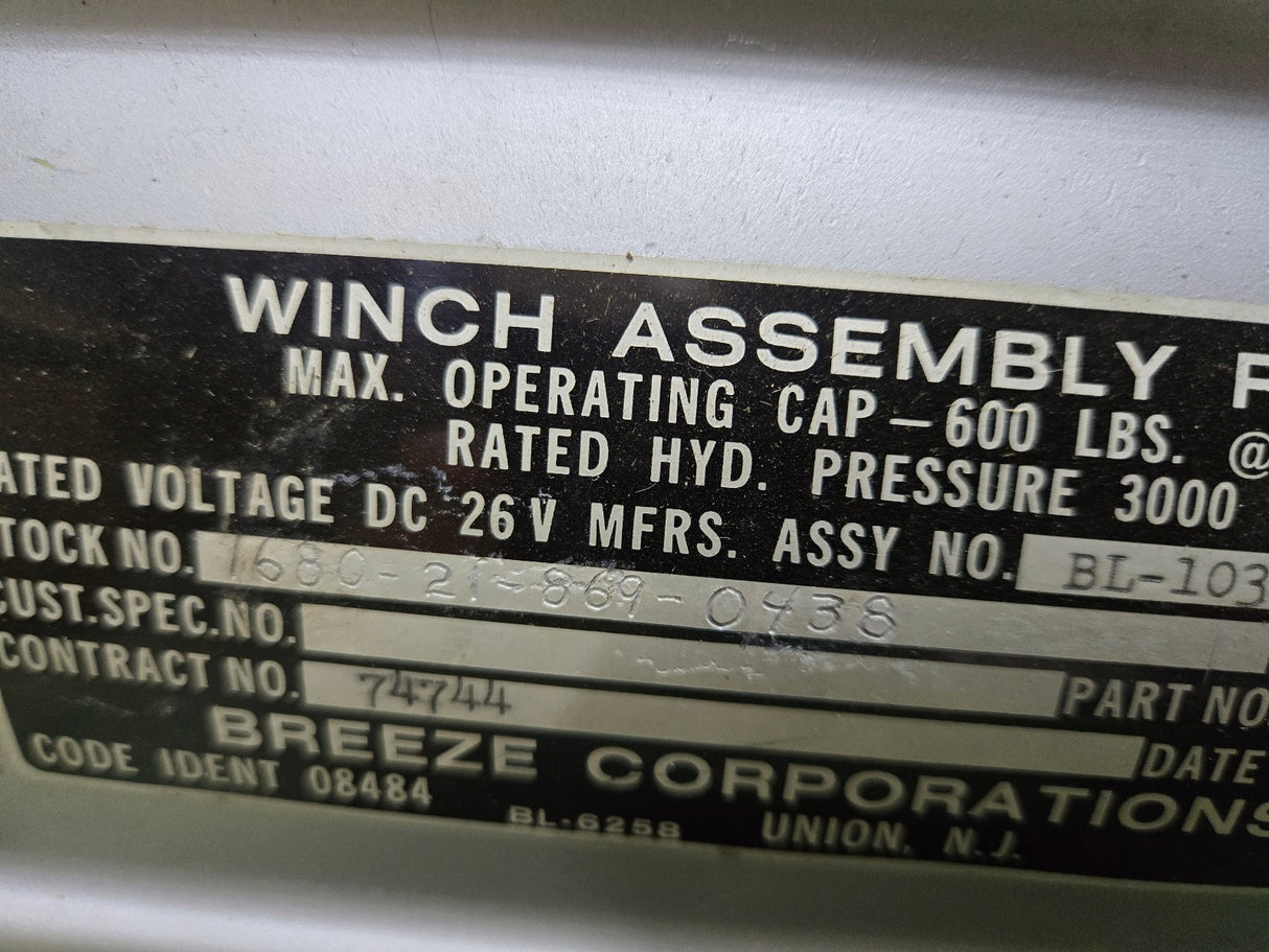 BREEZE CORPORATION RESCUE WINCH ASSEMBLY BL-10300-150 REF442