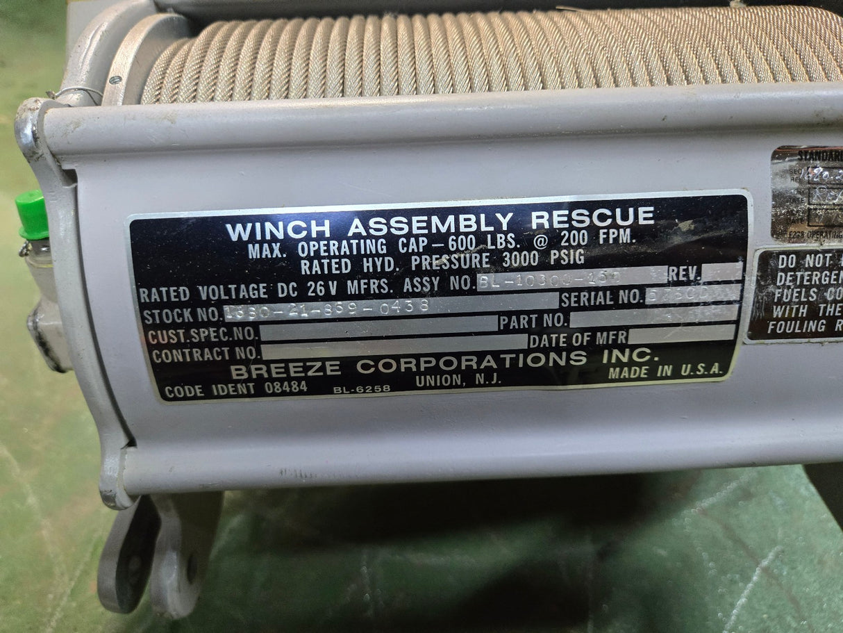 BREEZE CORPORATION RESCUE WINCH ASSEMBLY BL-10300-150 REF 439