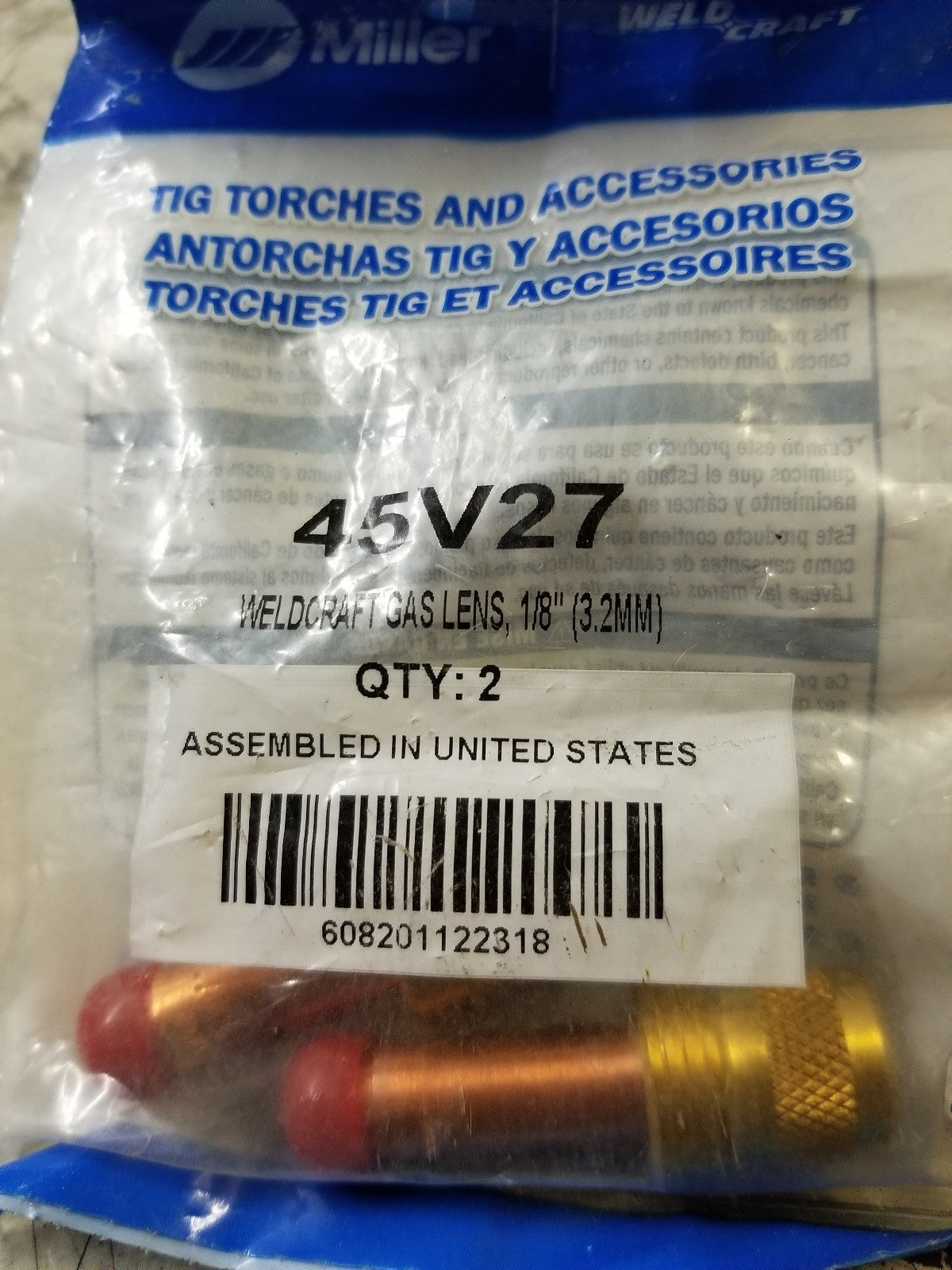 45V27 MILLER 1/8 inch collet body (gas lens) Use with WP-17, WP-18, WP-26