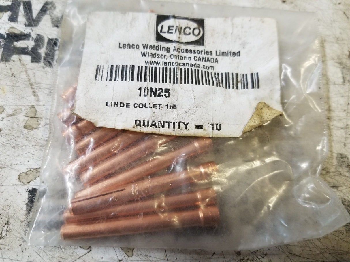 1 BAG OF 10PC - LENCO 10N25 1/8 inch collet. Use with WP-17, WP-18, WP-26