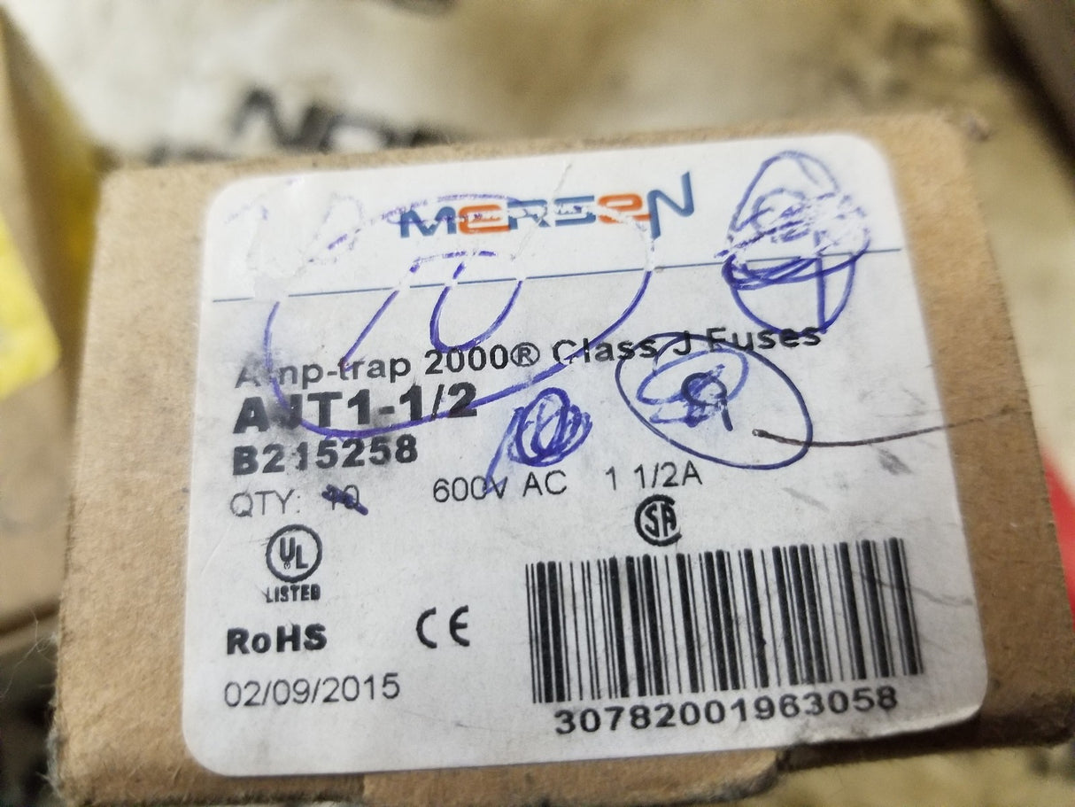 1 BOX OF 10 FUSES - AJT1-1/2 MERSEN 600VAC 1 1/2A