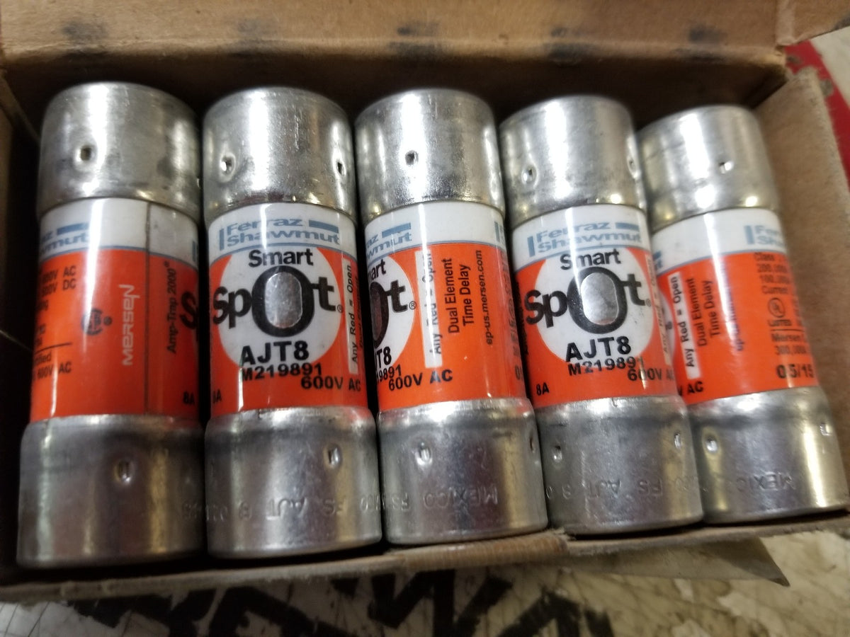 1 BOX OF 10 FUSES - AJT8 MERSEN 8AMP 600VAC
