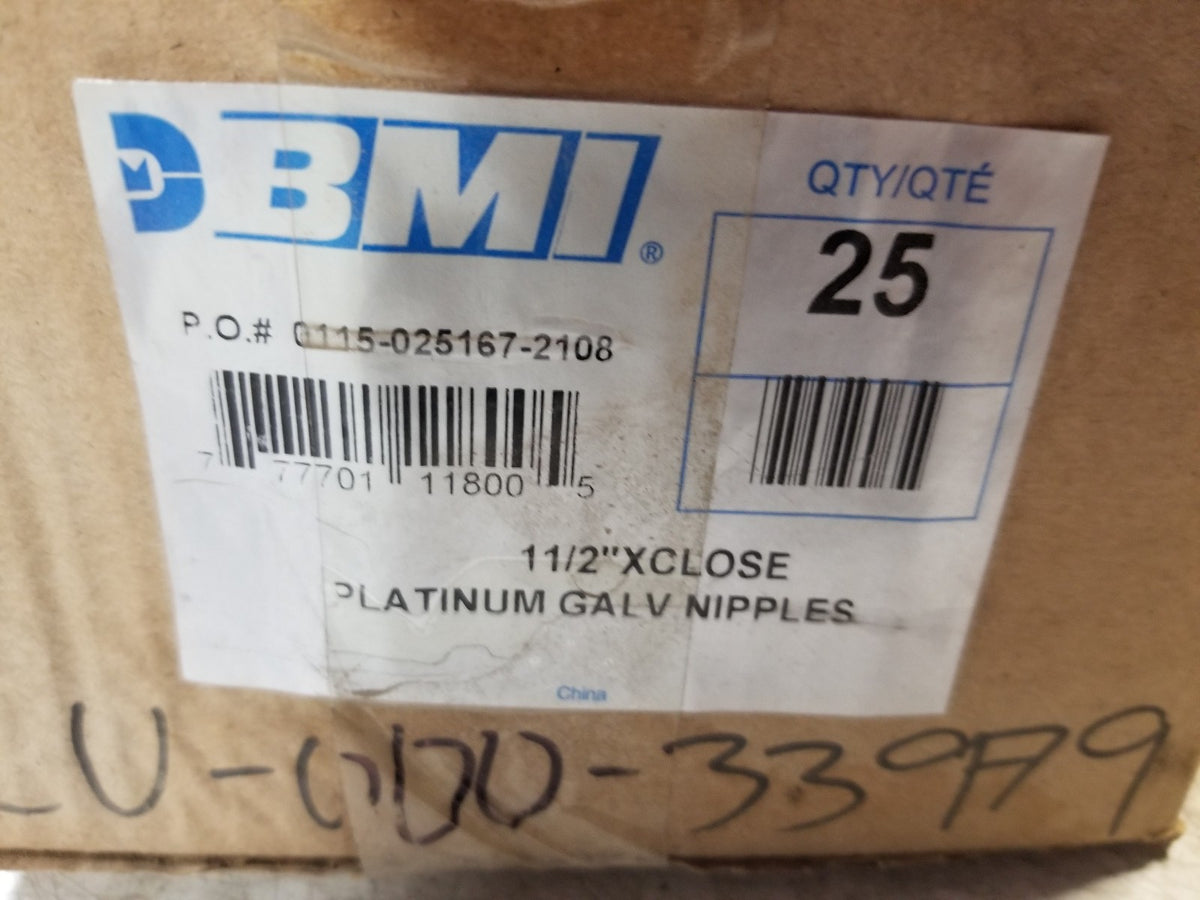 1 BOX OF 25PC - BMI 1 1/2 XCLOSE NIPPLES PLATINUM GALVANIZED