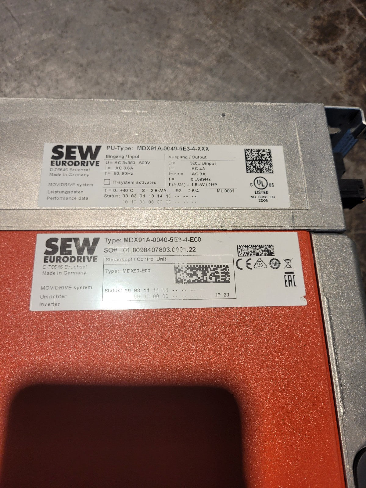 USED MDX91A00405E34, MDX91A-0040-5E3-4 SEW INVERTER