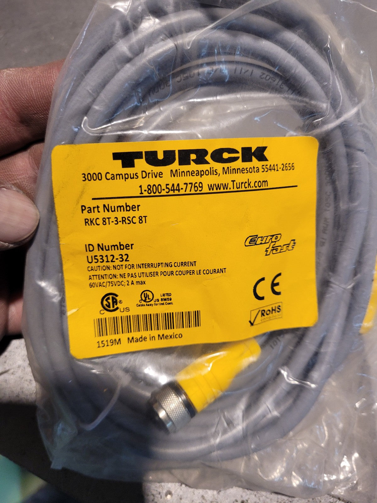 New Turck RKC8T-3-RSC8T U5312-32 Cordset Straight Connector