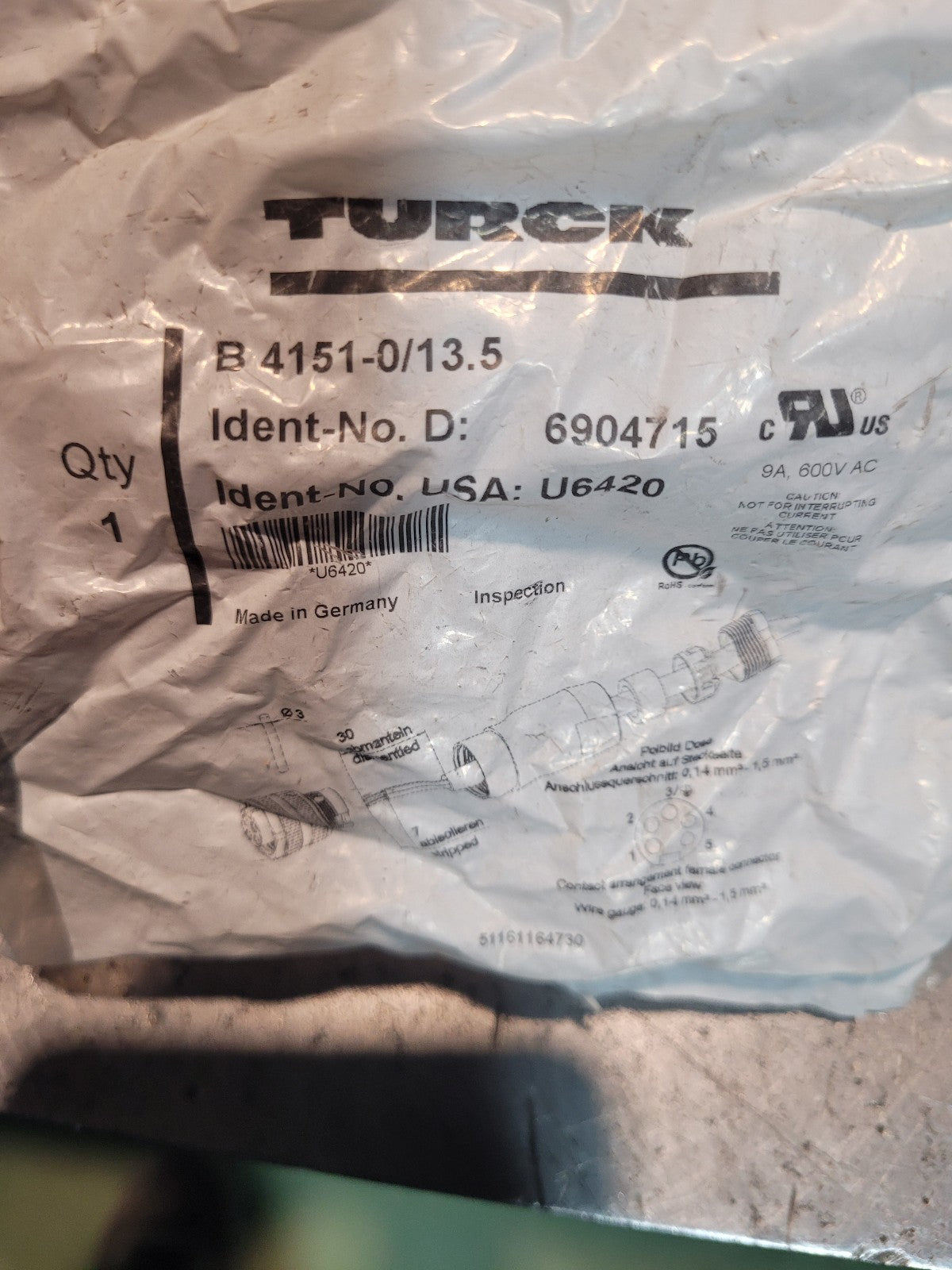 Turck B 4151-0/13,5 Connector Staight Female 5 Pole Conductor B4151-0/13.5