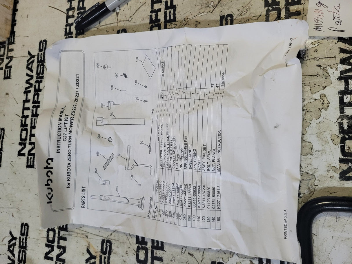 Kubota Mower Deck Lift Assist Kit ZG3127 (MISSING PARTS)