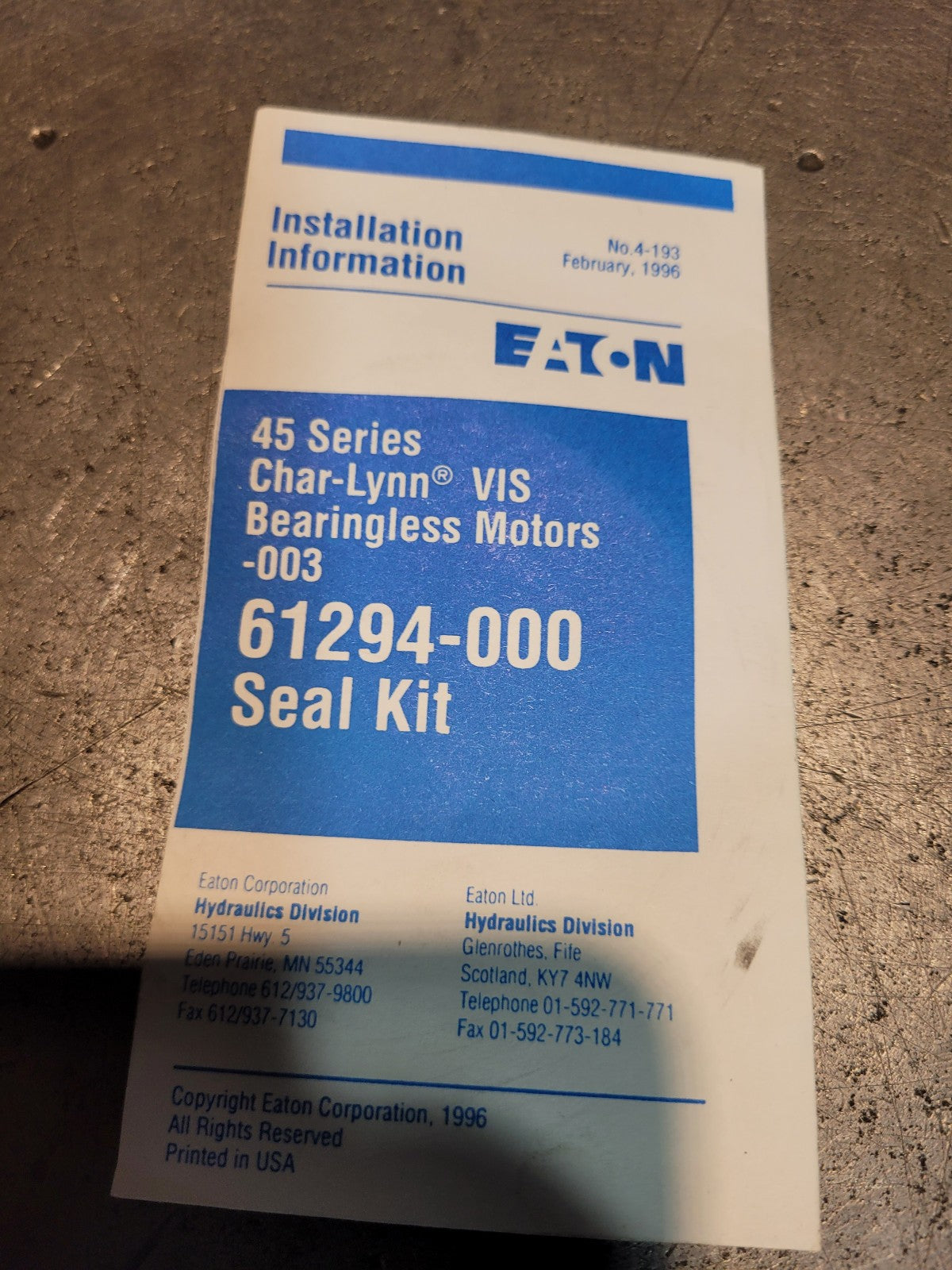 Char-Lynn 61294-000 - Seal Kit for VIS 45 Series bearingless motors ending in -