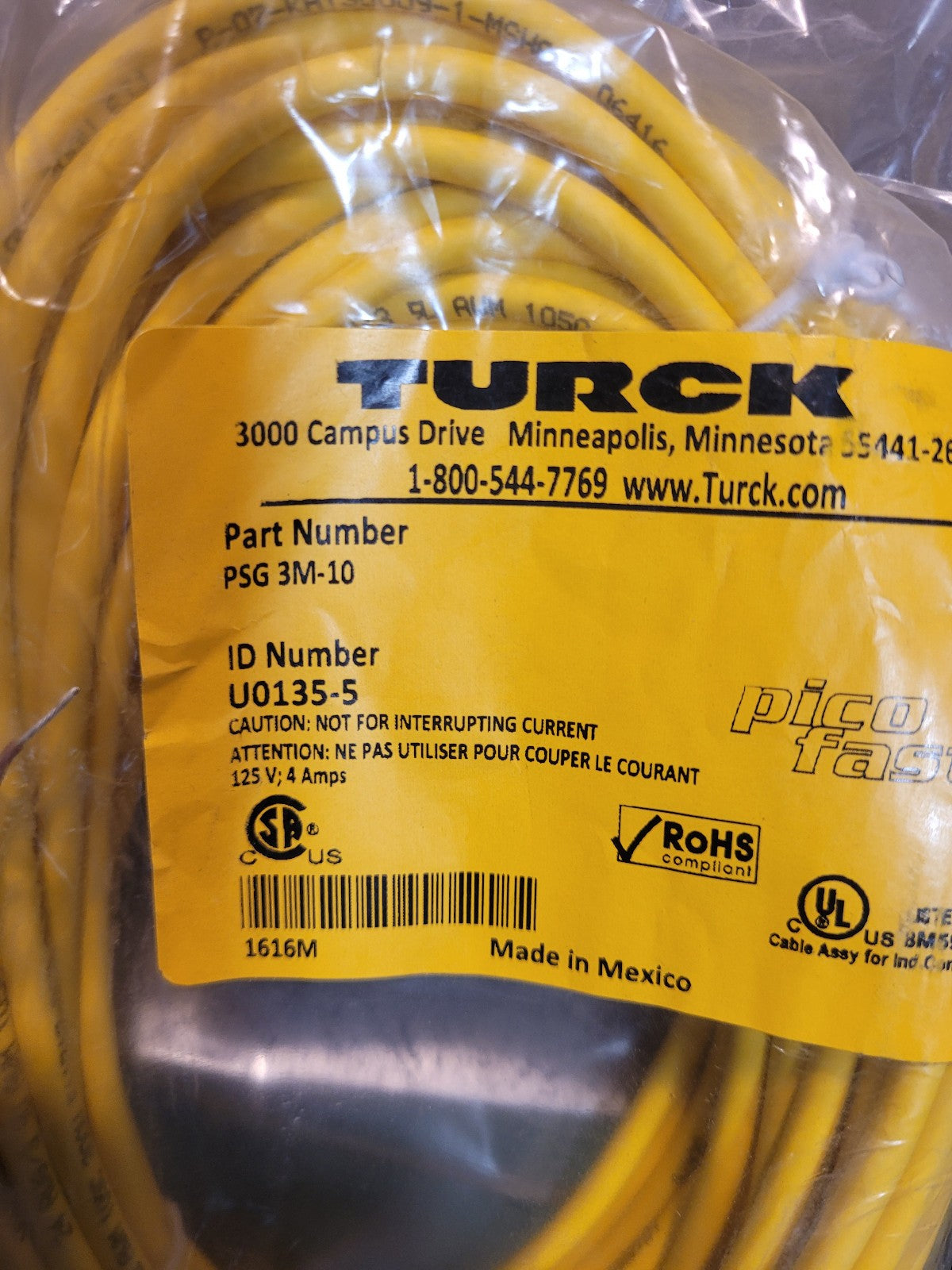 Turck PSG 3M-10 Cordset, M8 Male to Cut-end, Yellow, 3 cond