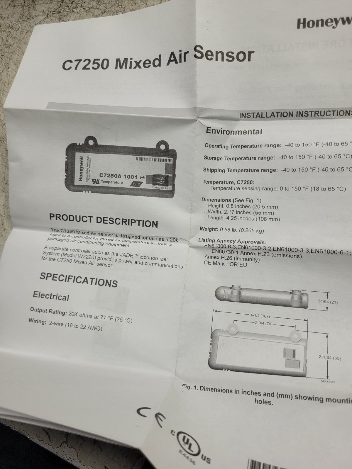 NEW HONEYWELL C7250A1001 C7250A-1001 Temperature Sensor for Mixed or Di