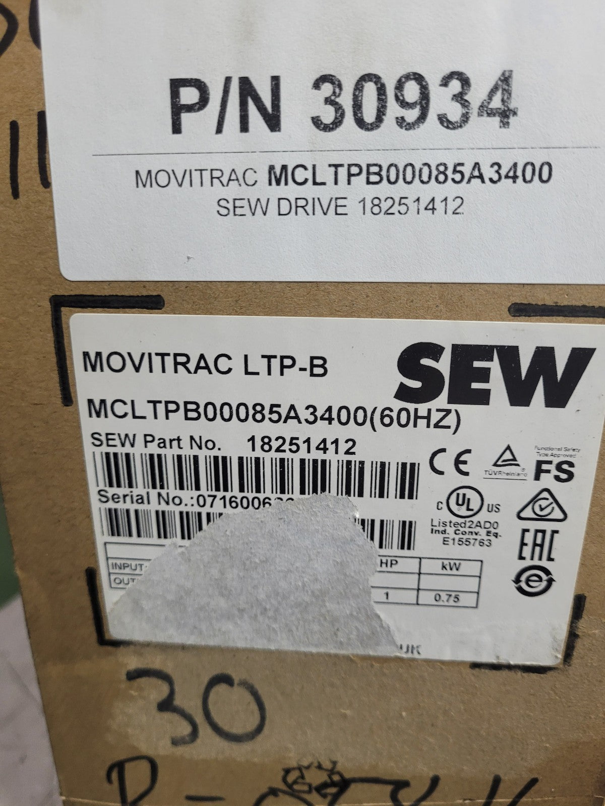 NEW SEW 18251412 MCLTPB00085A3400 MOVITRAC LTP B Drive 0.75kW 60HZ