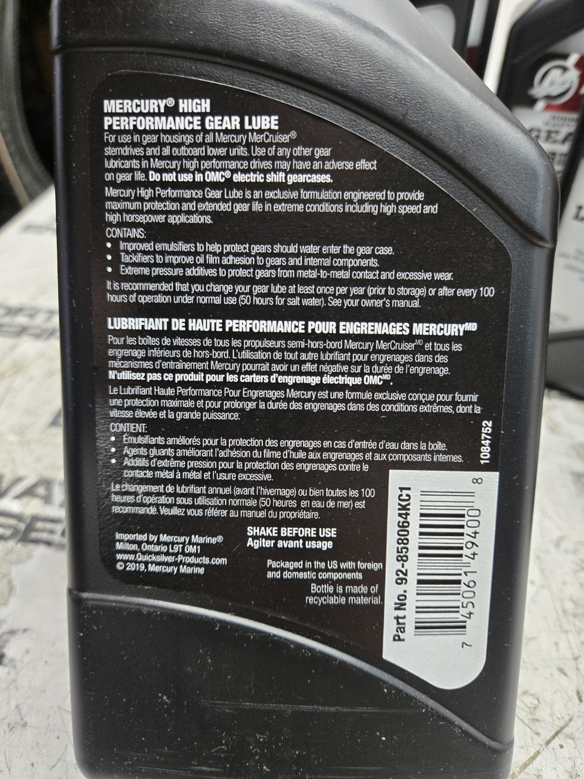 1 CASE OF 6 (1 LITER JUGS) MERCURY HIGH PERFORMANCE GEAR LUBE 92-858064KC1
