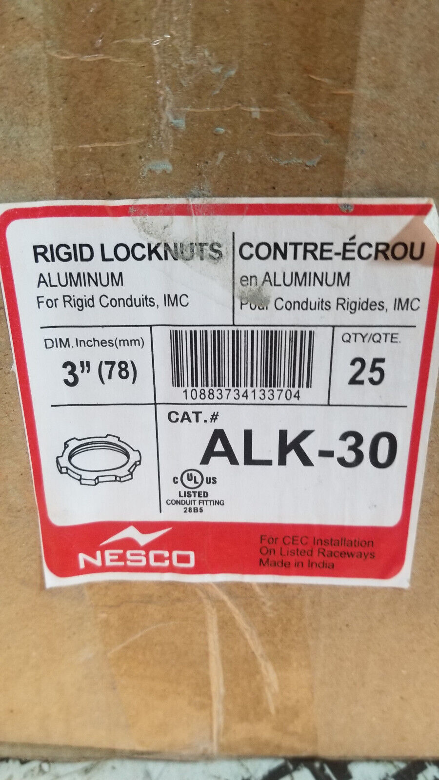 NESCO RIGID ALUMINUM LOCKNUTS ALK-30 QTY.25 3" DIAMETER