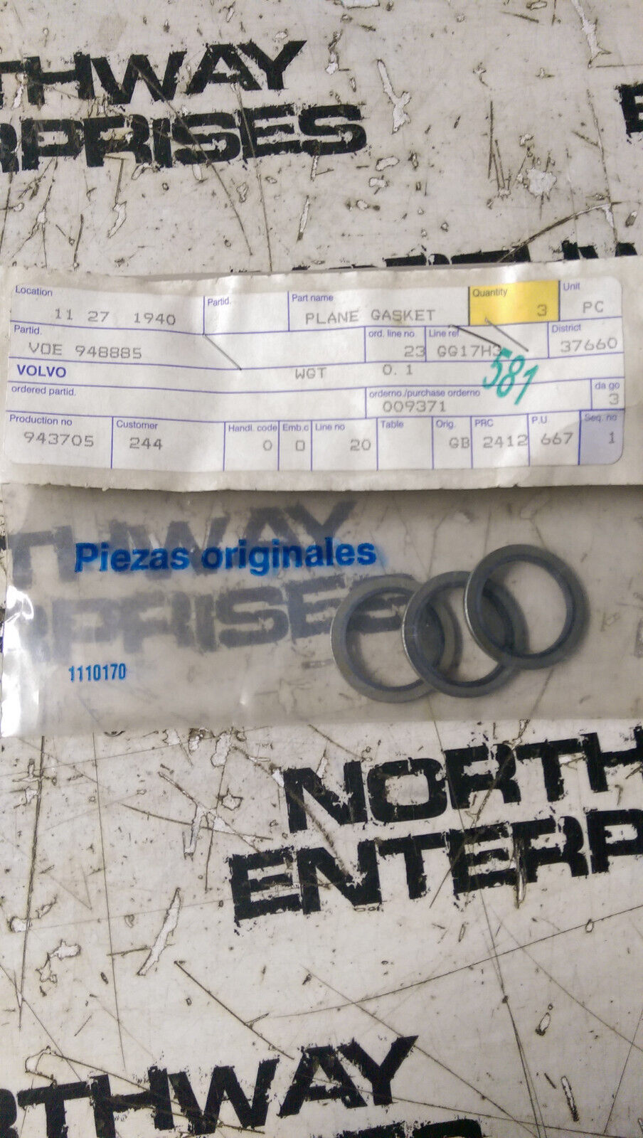 LOT OF 3 ORINGS VOE948885 948885