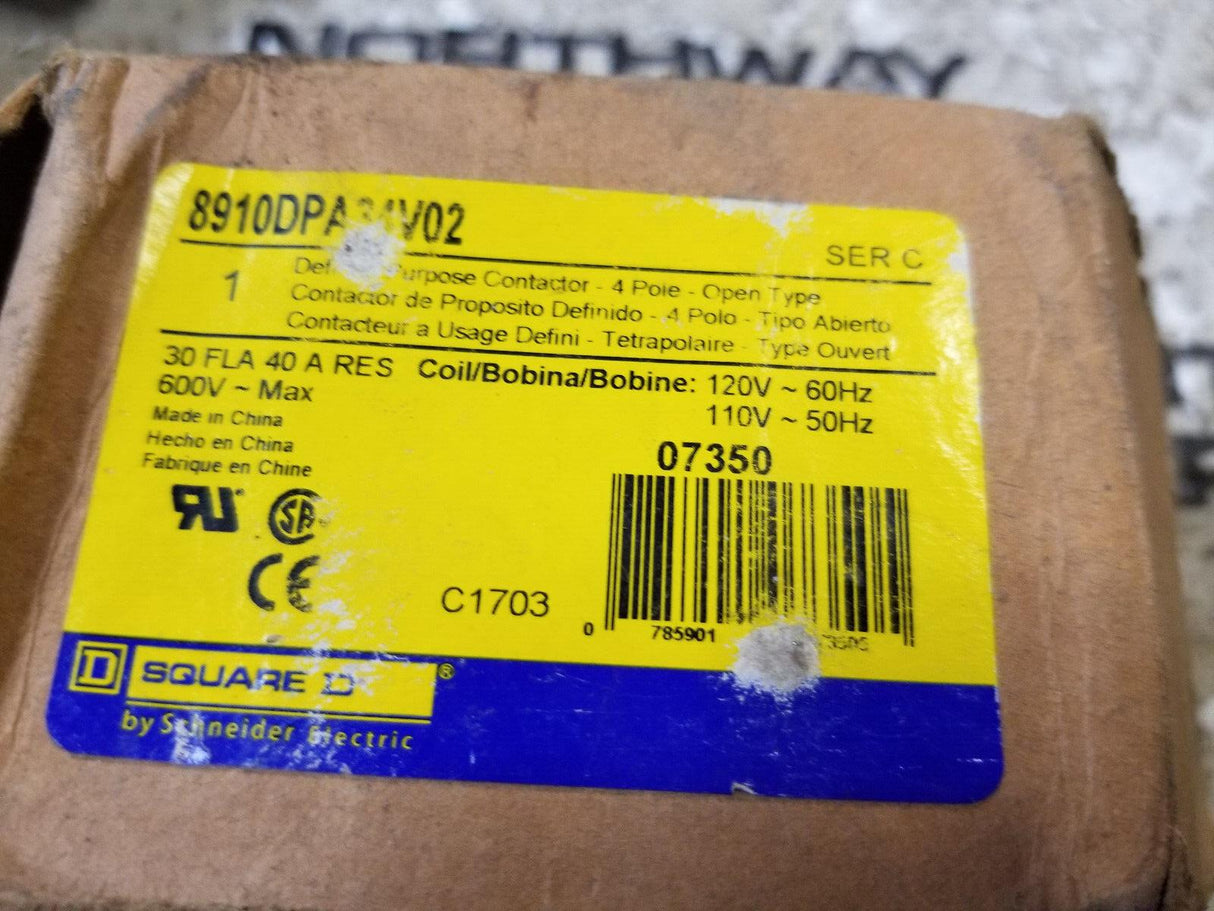 Square D 8910DPA34V02 30A 120V 3-Pole 3-Phase Definite Purpose Contactor