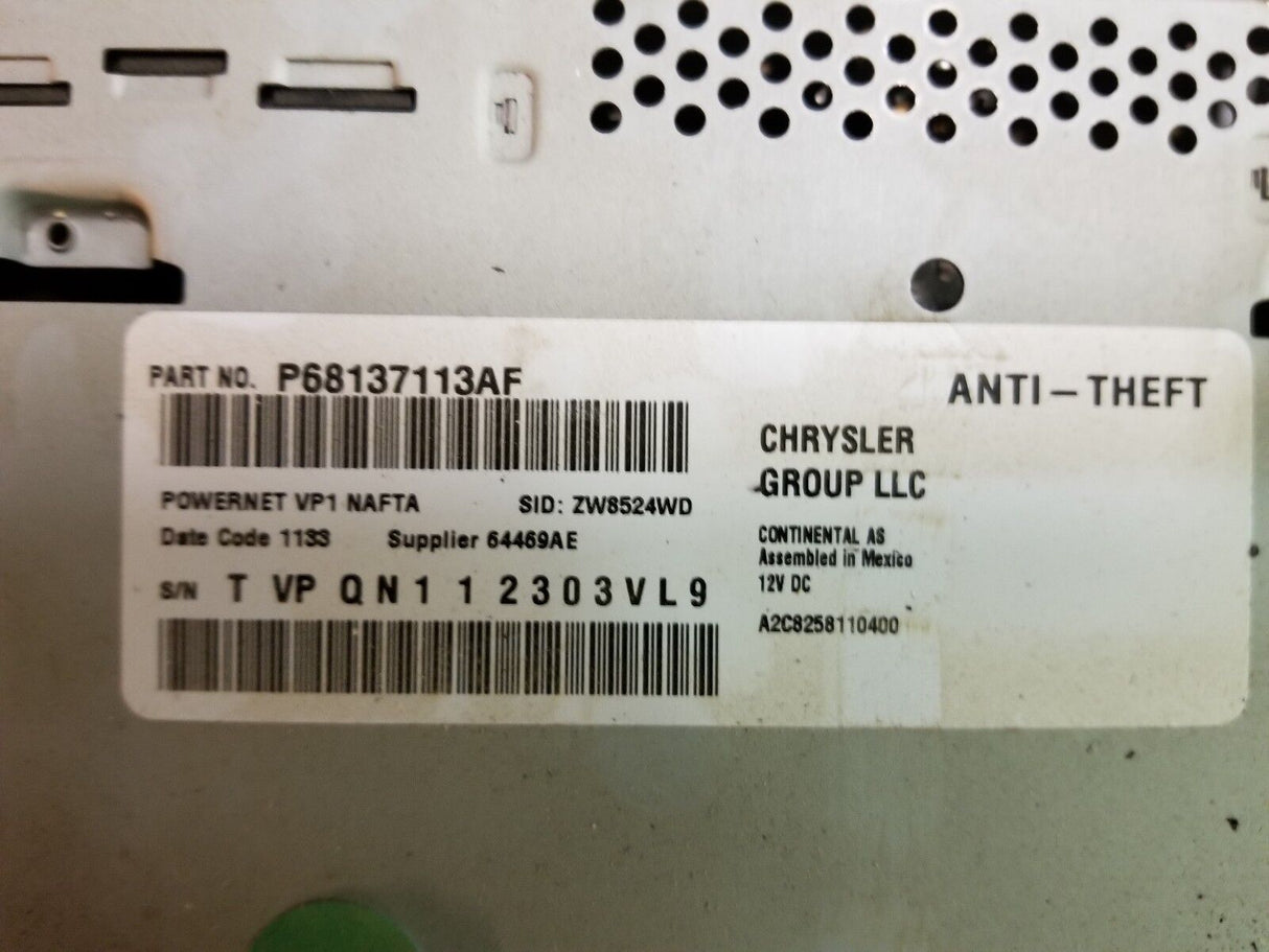DODGE RAM MEDIA DISPLAY SAT BLUETOOTH USB RADIO P68137113AF CHRYSLER 13 14 15 16