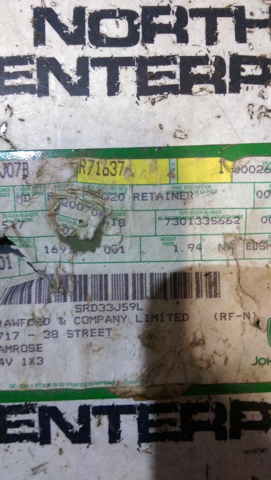 JOHN DEERE R71637 RETAINER