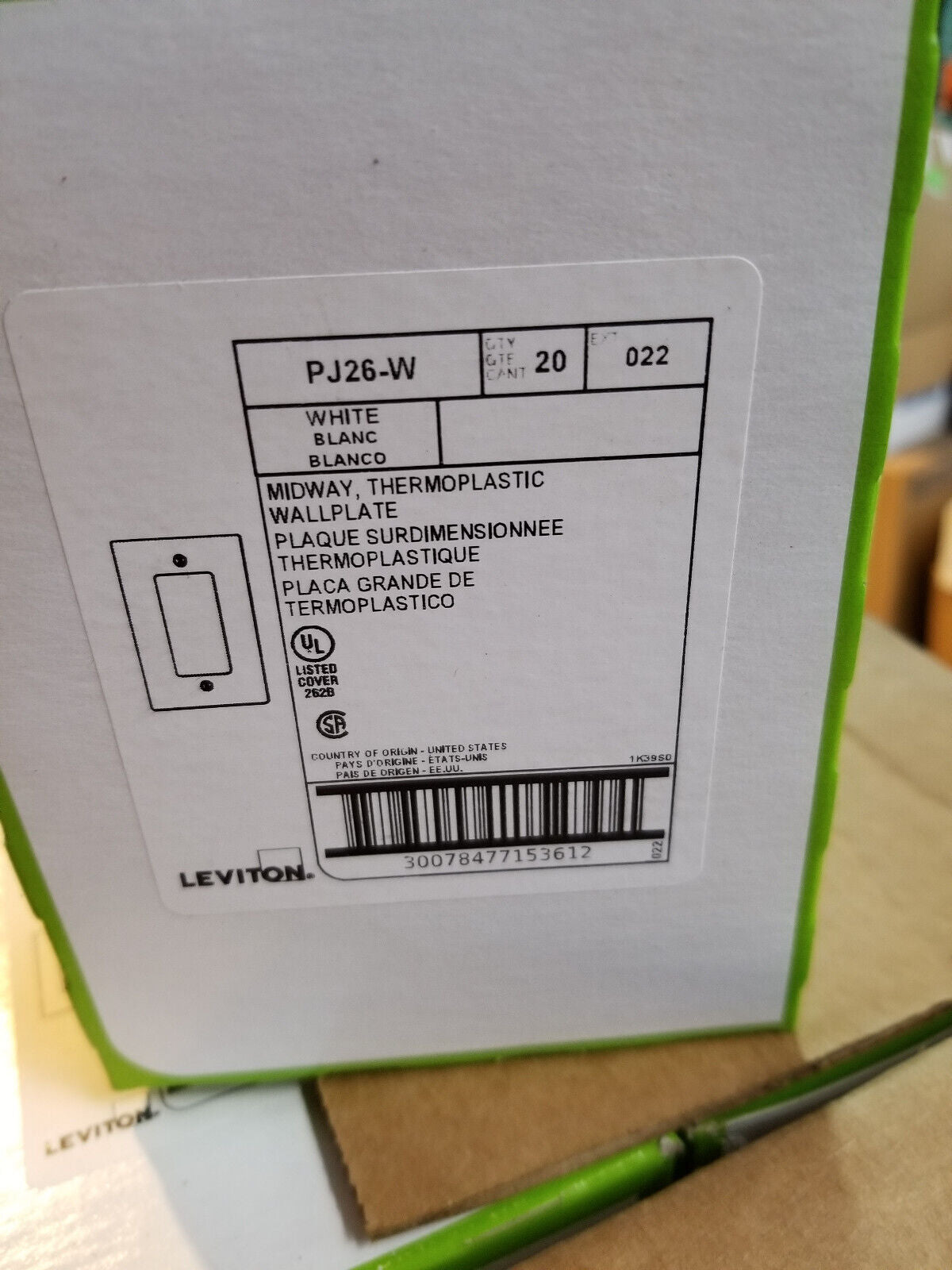 1 BOX OF 20PC - PJ26W  1-Gang Decora/GFCI Device Wallplate, Midway Size pj26-w