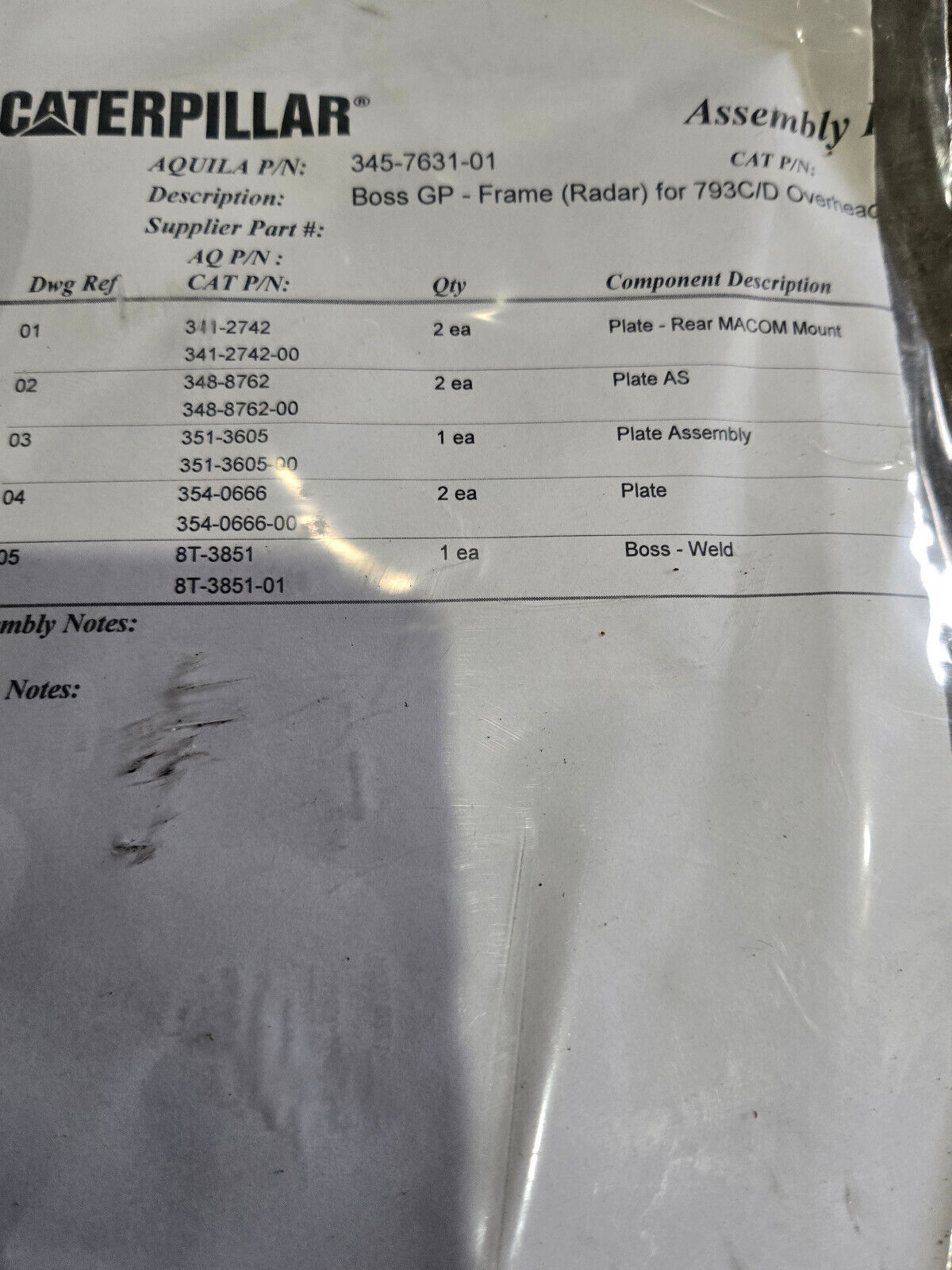 CATERPILLAR 345-7631 3457631 BOSS GP FRM