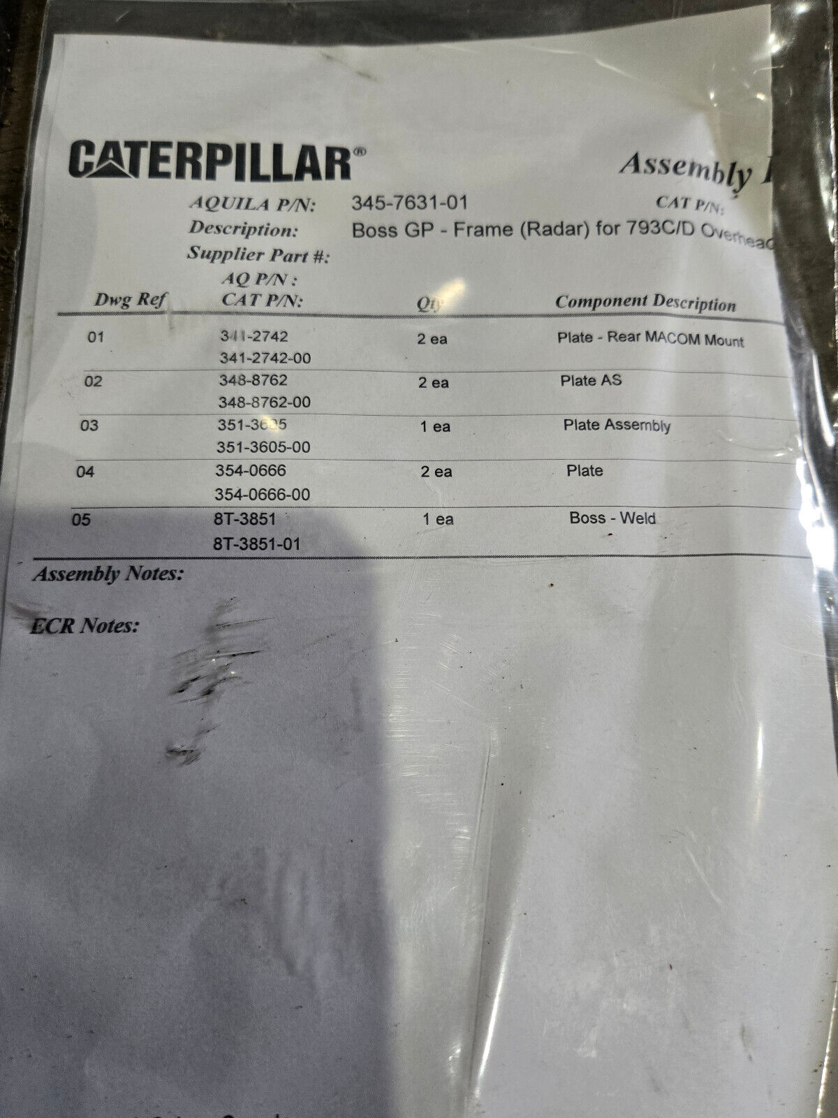 CATERPILLAR 345-7631 3457631 BOSS GP FRM