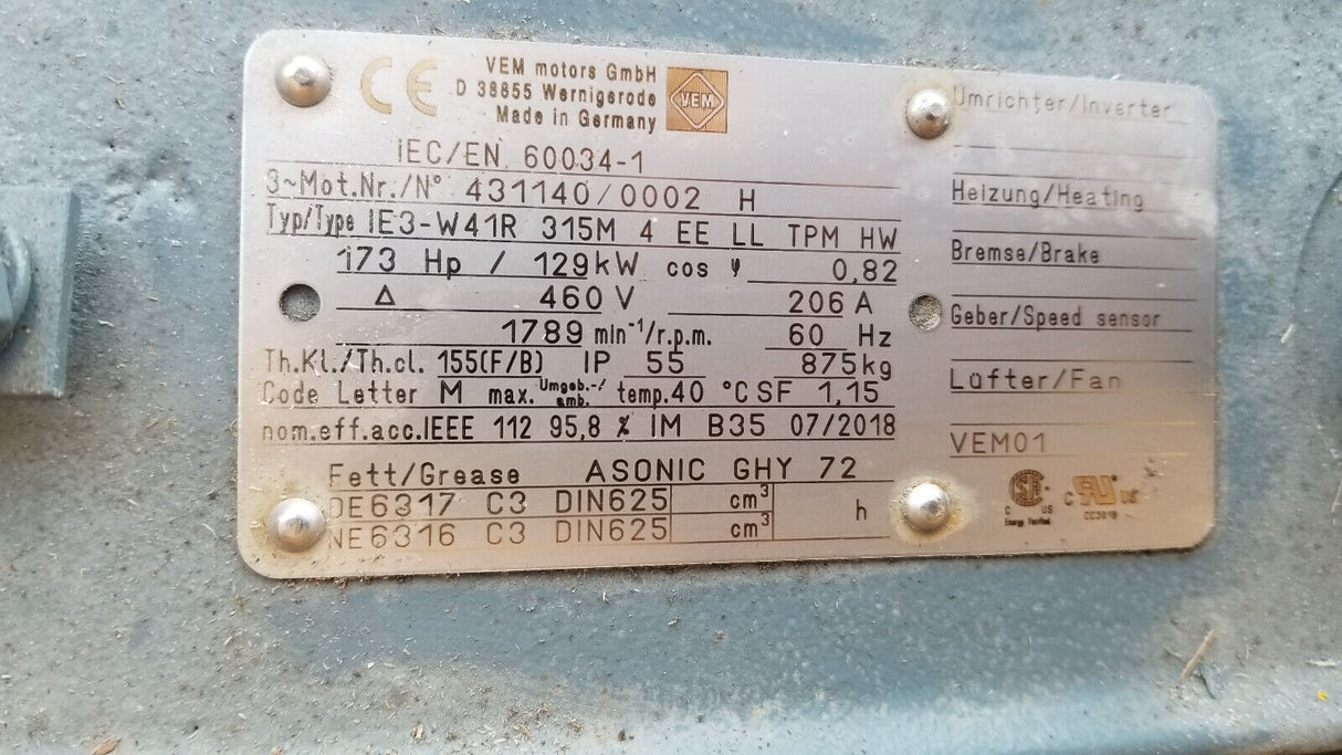 VEM Motors IE3-41R, 315M, Energy Saving Universal Use Motor - Input Voltage 460v