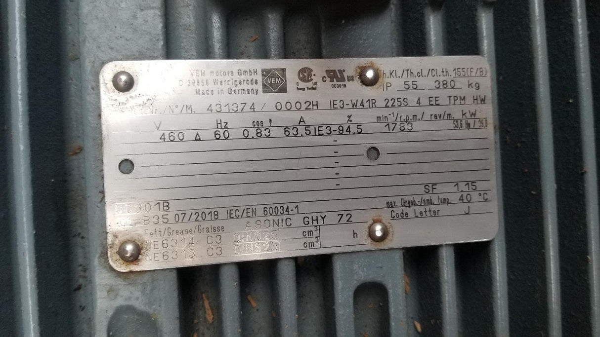 VEM MOTOR IE3-W41R 225S 4 EE TPM HW 39.8 KW 53.6HP 1783RPM 460V D 60HZ IM B35 IP