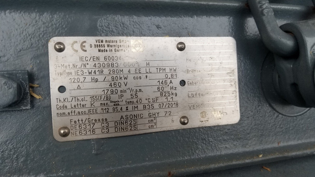 VEM MOTOR IE3-W41R 280M 4 EE LL TPM HW 90.00KW 120.7HP 1790RPM 460V D 60HZ IM B3