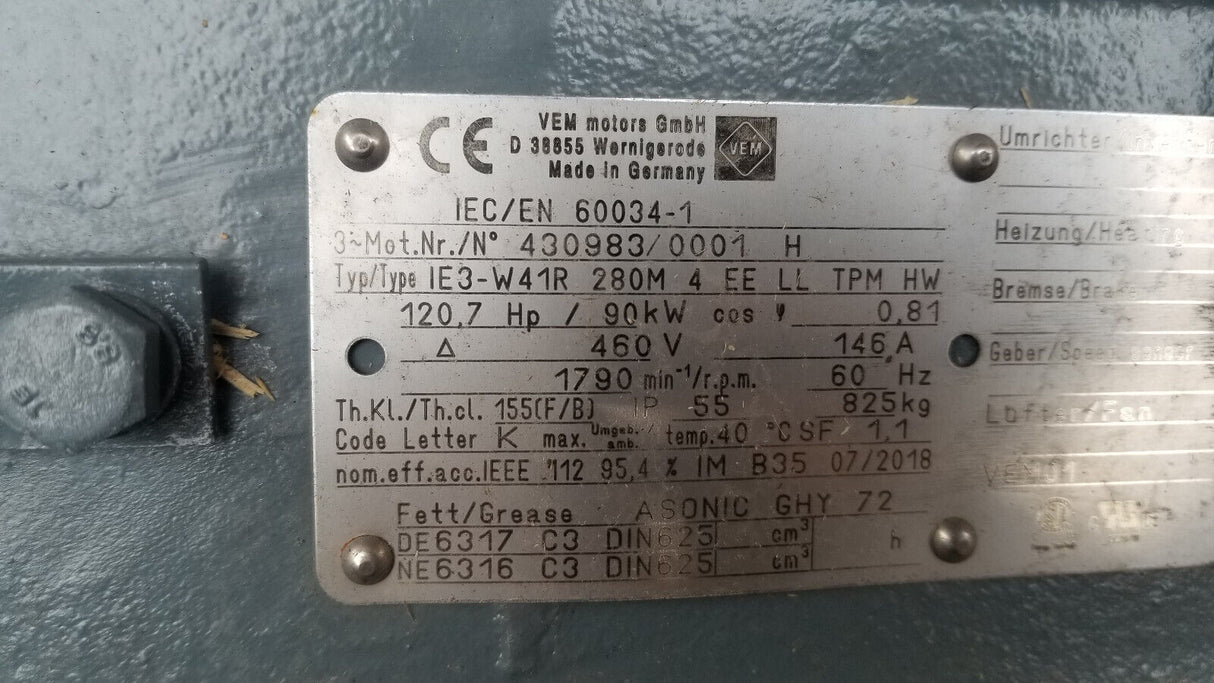 VEM MOTOR IE3-W41R 280M 4 EE LL TPM HW 90.00KW 120.7HP 1790RPM 460V D 60HZ IM B3