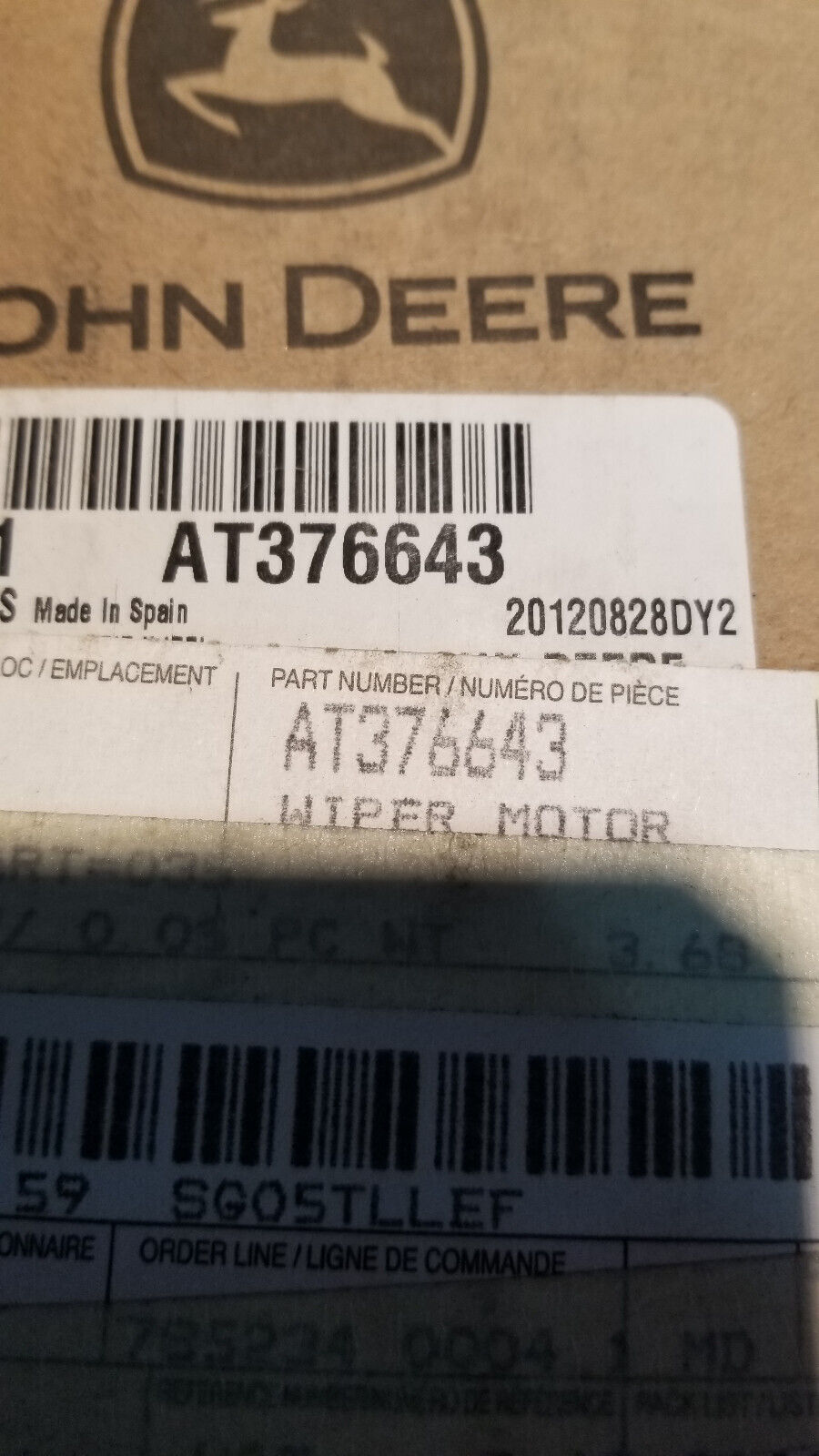 AT376643 JOHN DEERE WIPER MOTOR ASSEMBLY