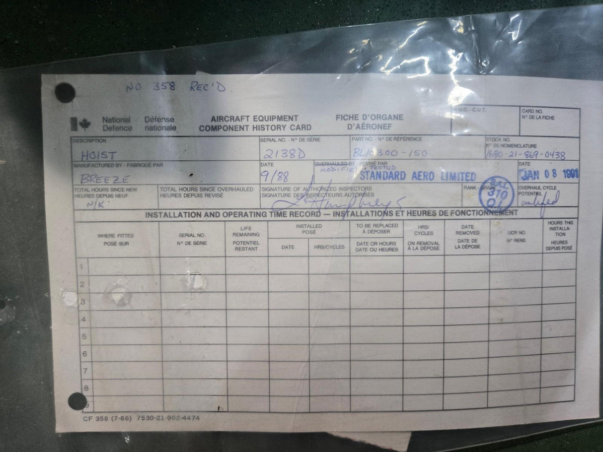 BREEZE CORPORATION RESCUE WINCH ASSEMBLY BL-10300-150 REF442