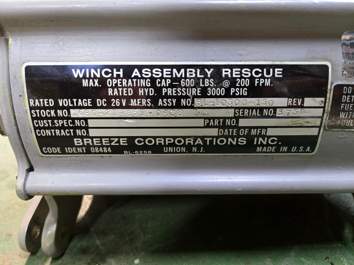 BREEZE CORPORATION RESCUE WINCH ASSEMBLY BL-10300-150 REF 438