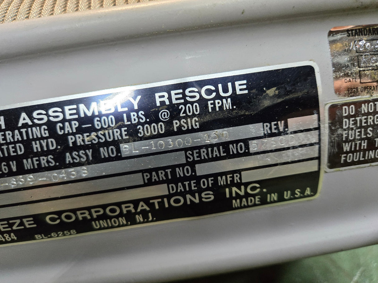 BREEZE CORPORATION RESCUE WINCH ASSEMBLY BL-10300-150 REF 439