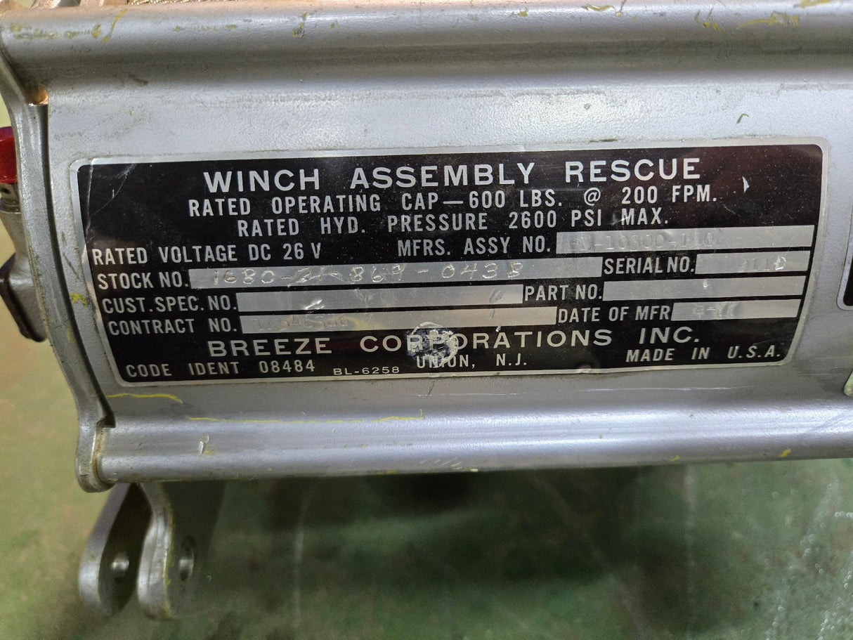 BREEZE CORPORATION RESCUE WINCH ASSEMBLY BL-10300-150 REF 443