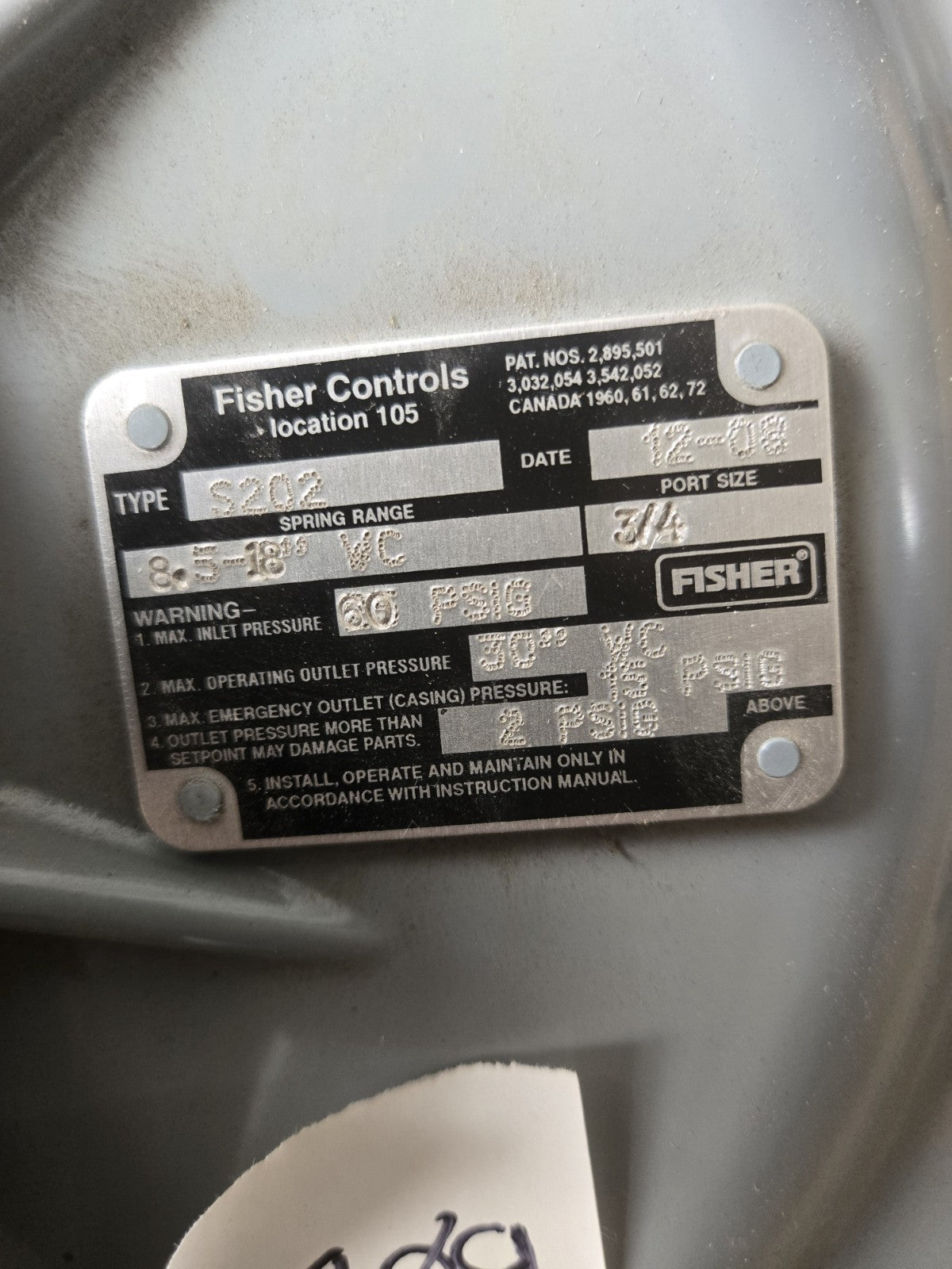 Fisher S202 PRESSURE REDUCING VALVE